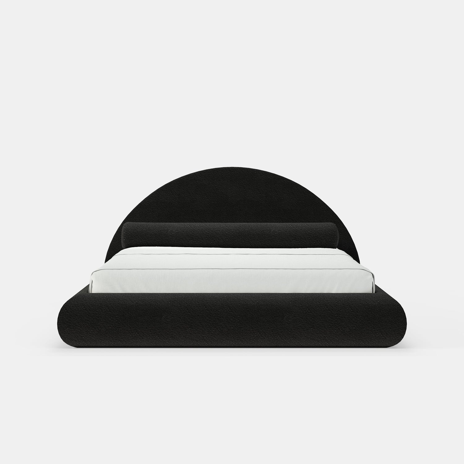 Cloud bed rond noir en laine bouclée, posé au sol sans cadre ni pieds