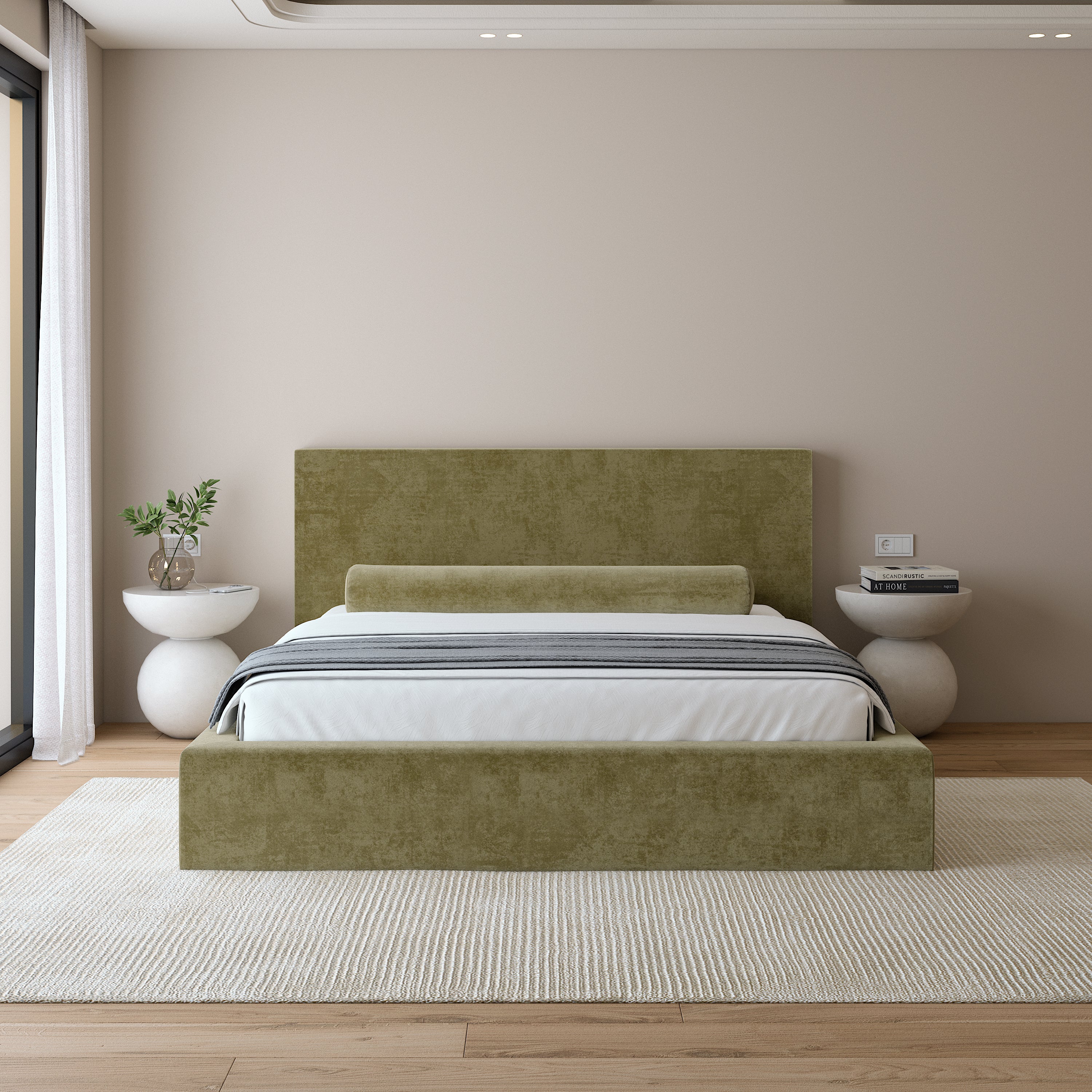 Olivra Bed - Lit Moderne Haut de Gamme en Velours Olive