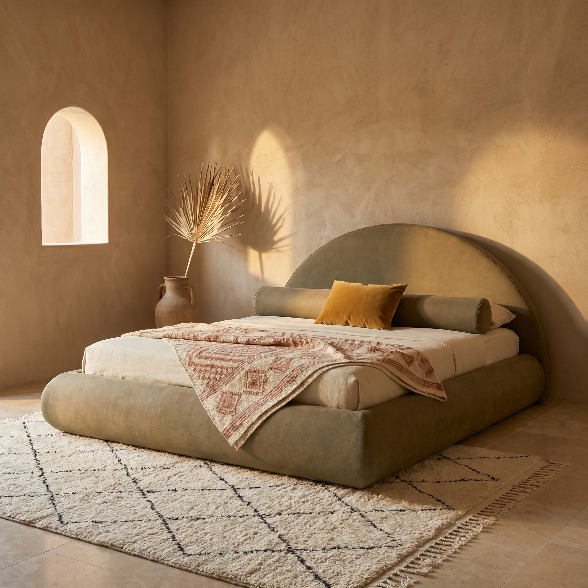 Mochi Cocoon King Suede Khaki in Berber Moroccan Rustic bedroom