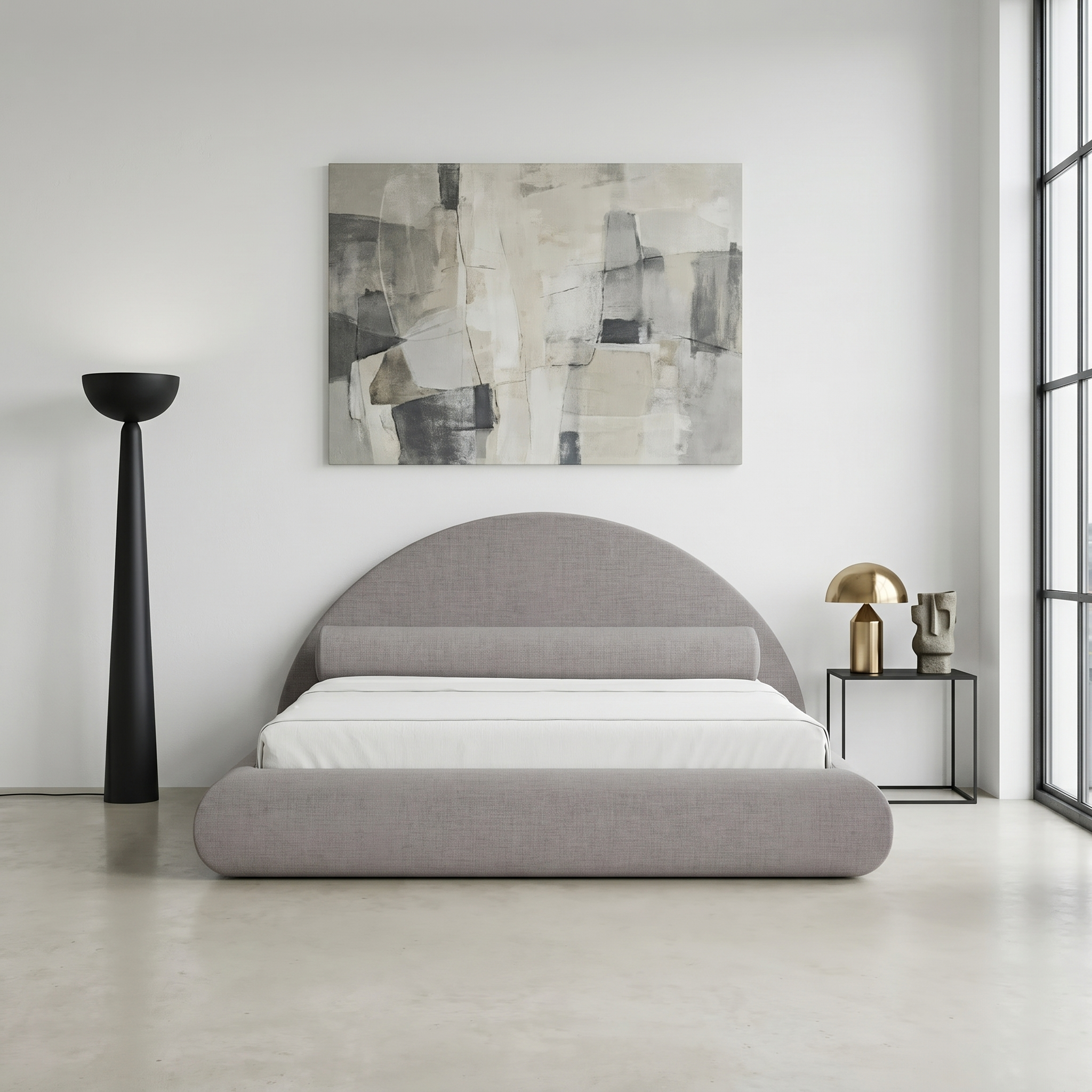 Mochi Cocoon King Polyester Gray Stone in Modern Art Gallery Loft — face view