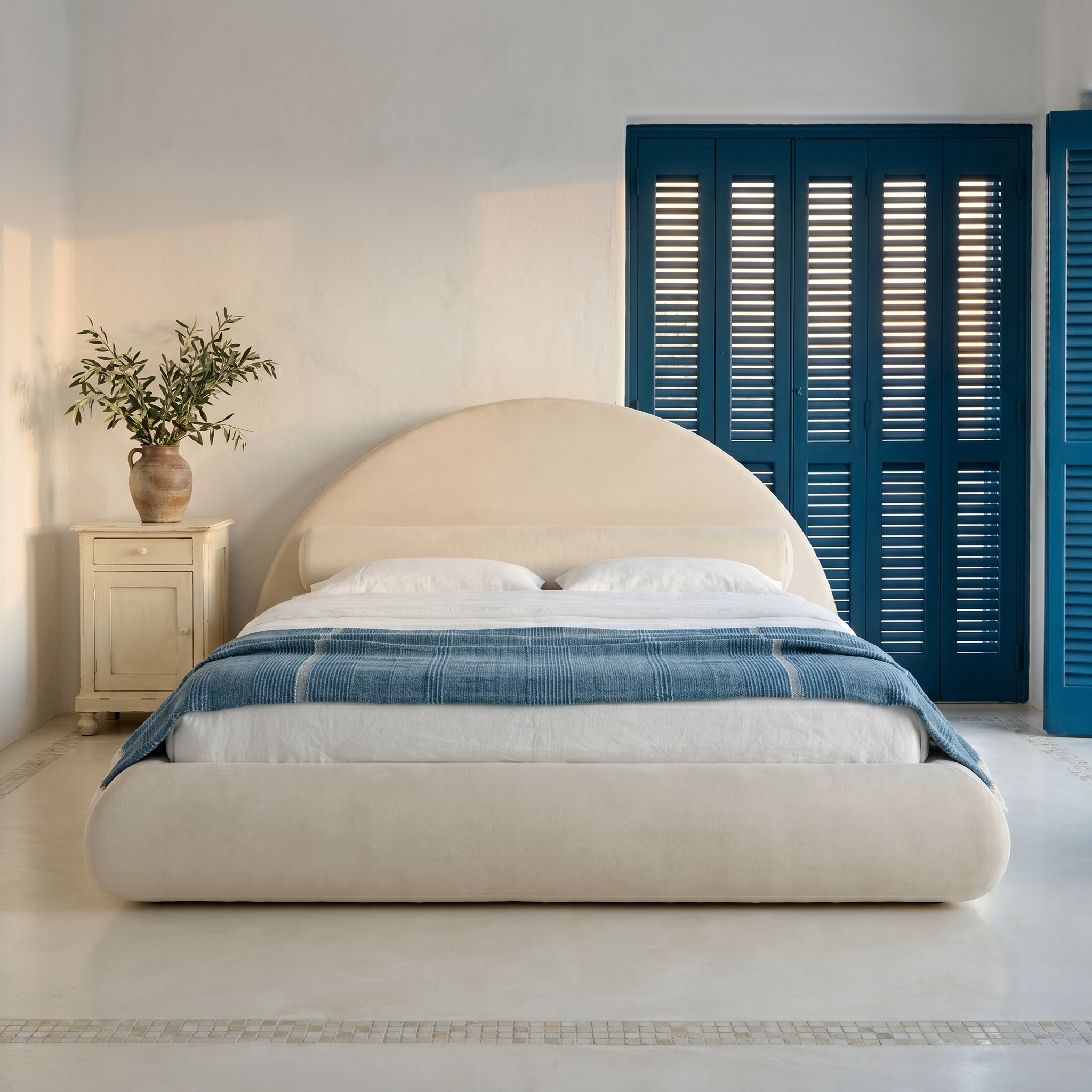 Mochi Cocoon King Suede off-white in Greek Cycladic Modern — face view