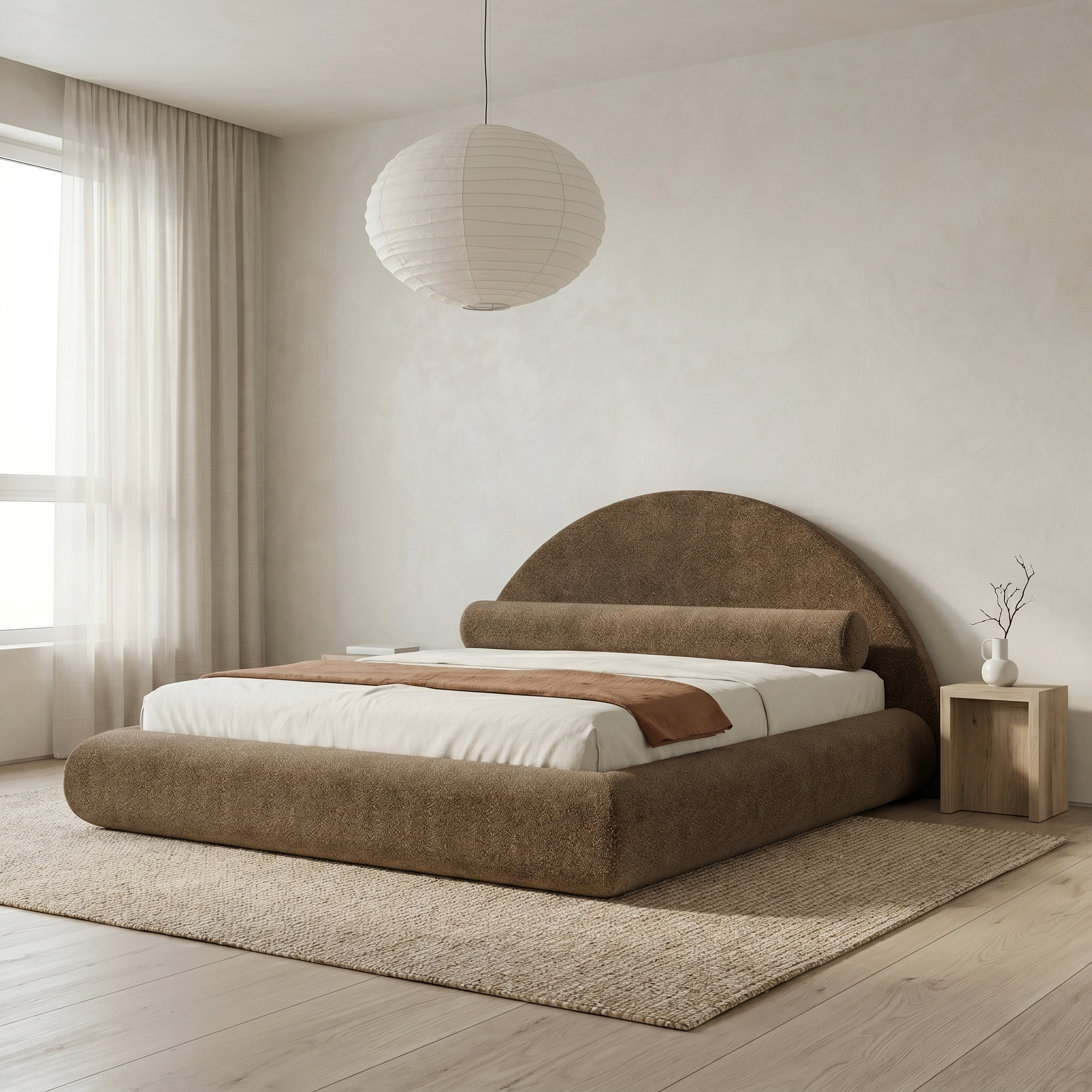 Mochi Cocoon King Brown Bouclé in Japandi minimalist bedroom