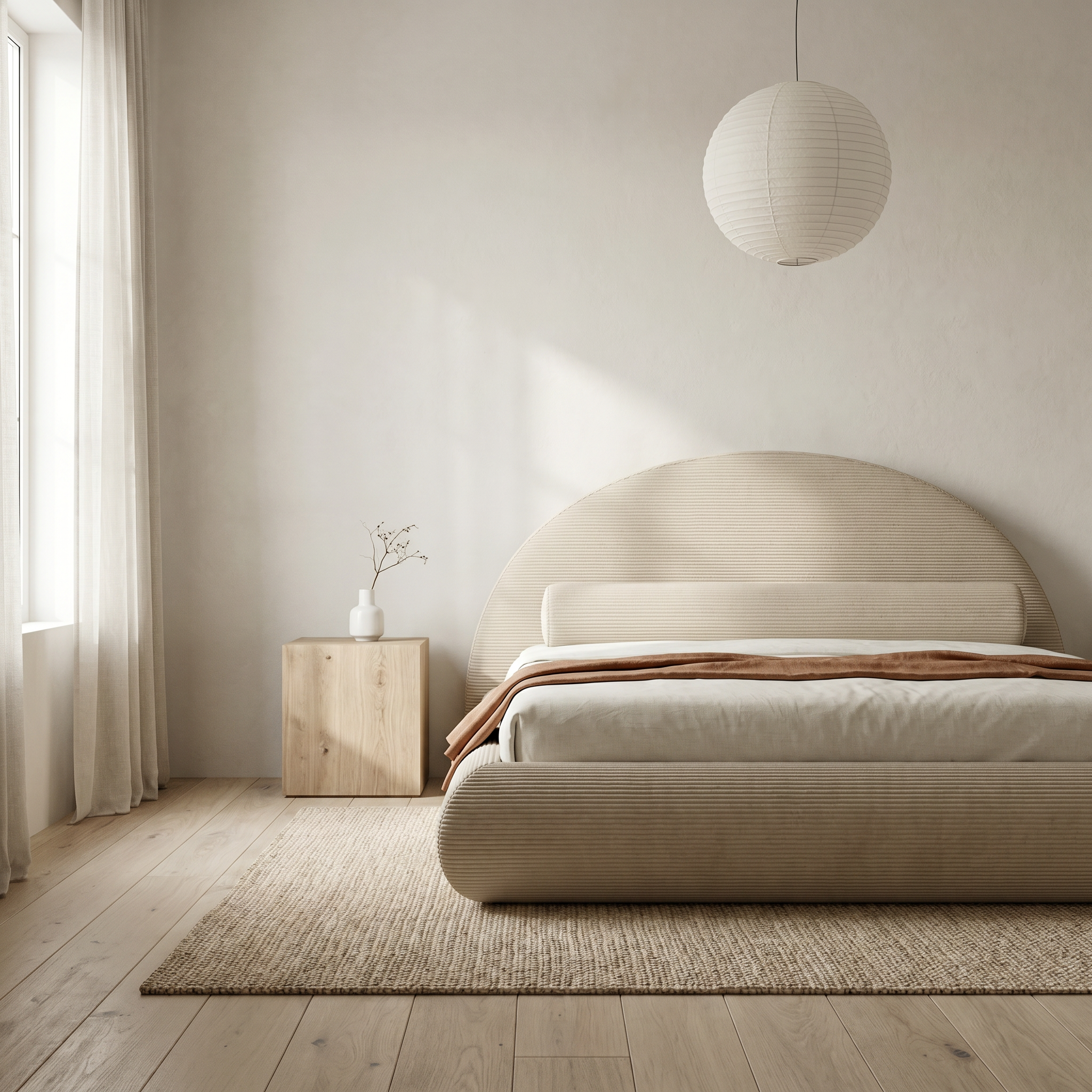 Mochi Cocoon King Corduroy Beige in Japandi minimalist bedroom — left profile