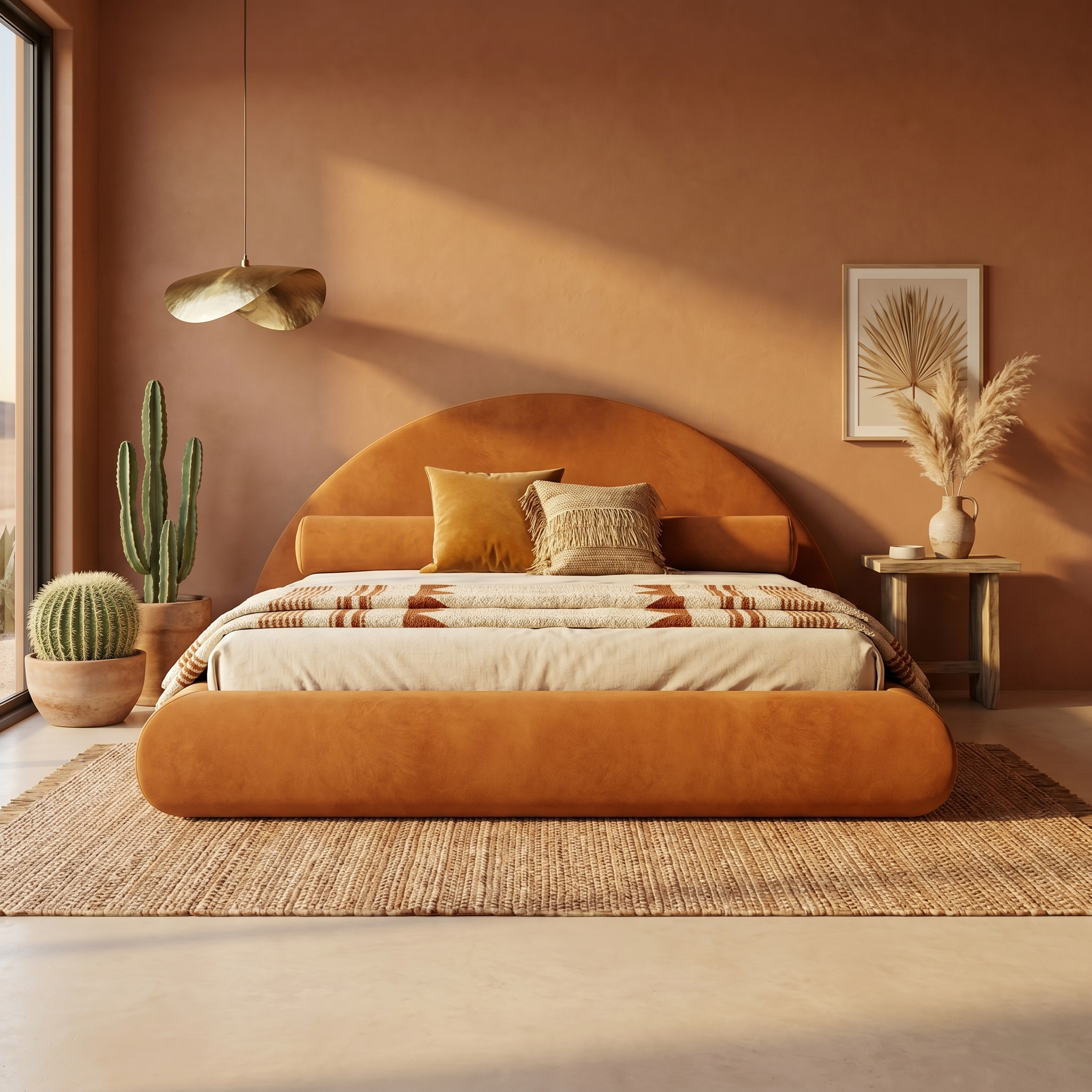 Mochi Cocoon King Suede Camel in Desert Modern Joshua Tree — face view
