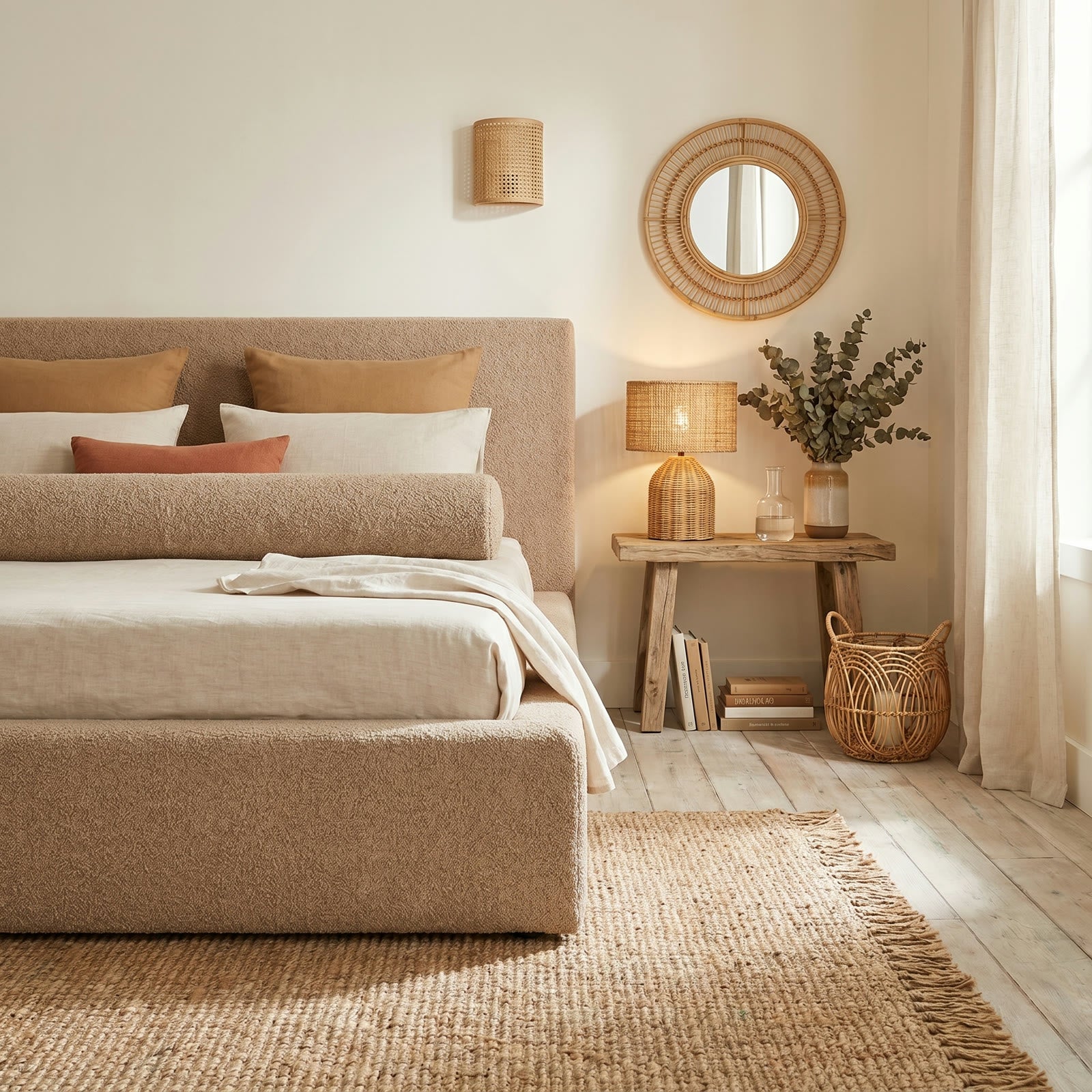 Lit Mochi Frame en boucle teddy dans une chambre boheme