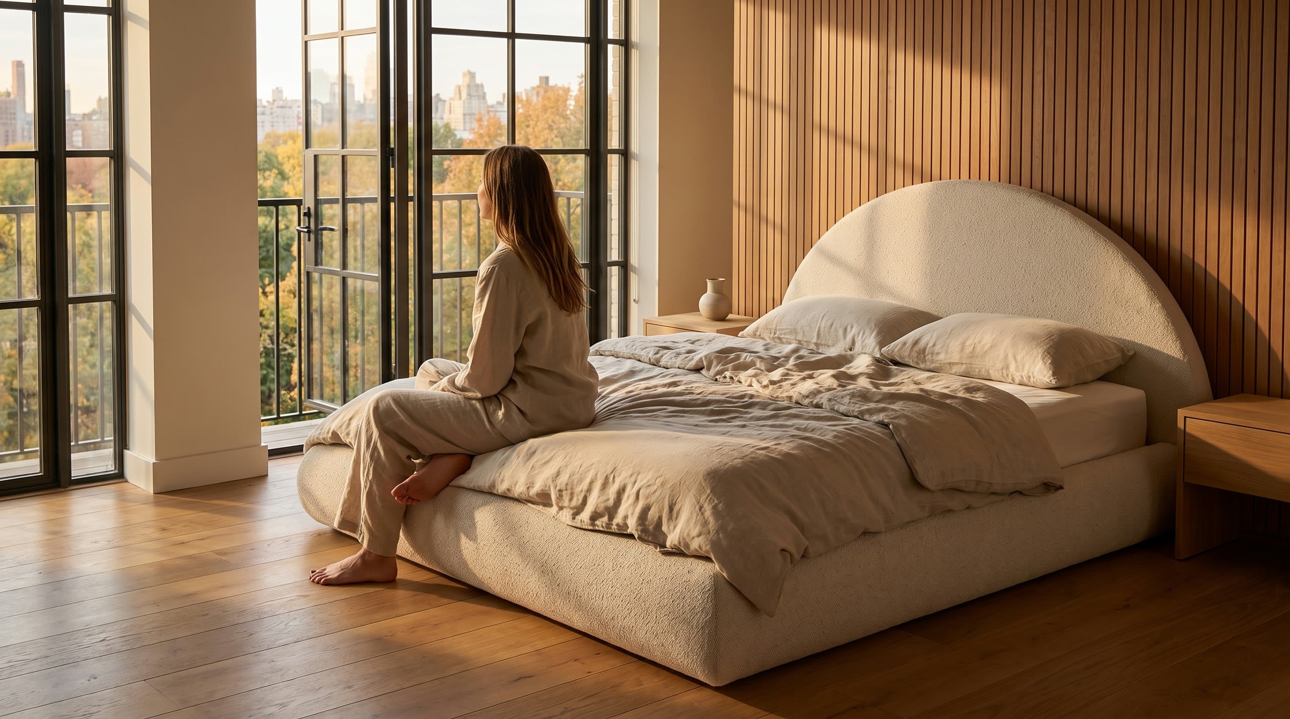 Femme en pyjama de lin assise sur un lit Mochi Cocoon en laine bouclee creme, lumiere du matin