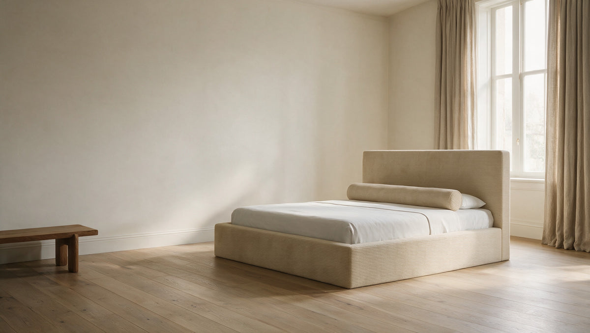 Cloud bed Mochi Frame en velours cotele beige dans une chambre lumineuse