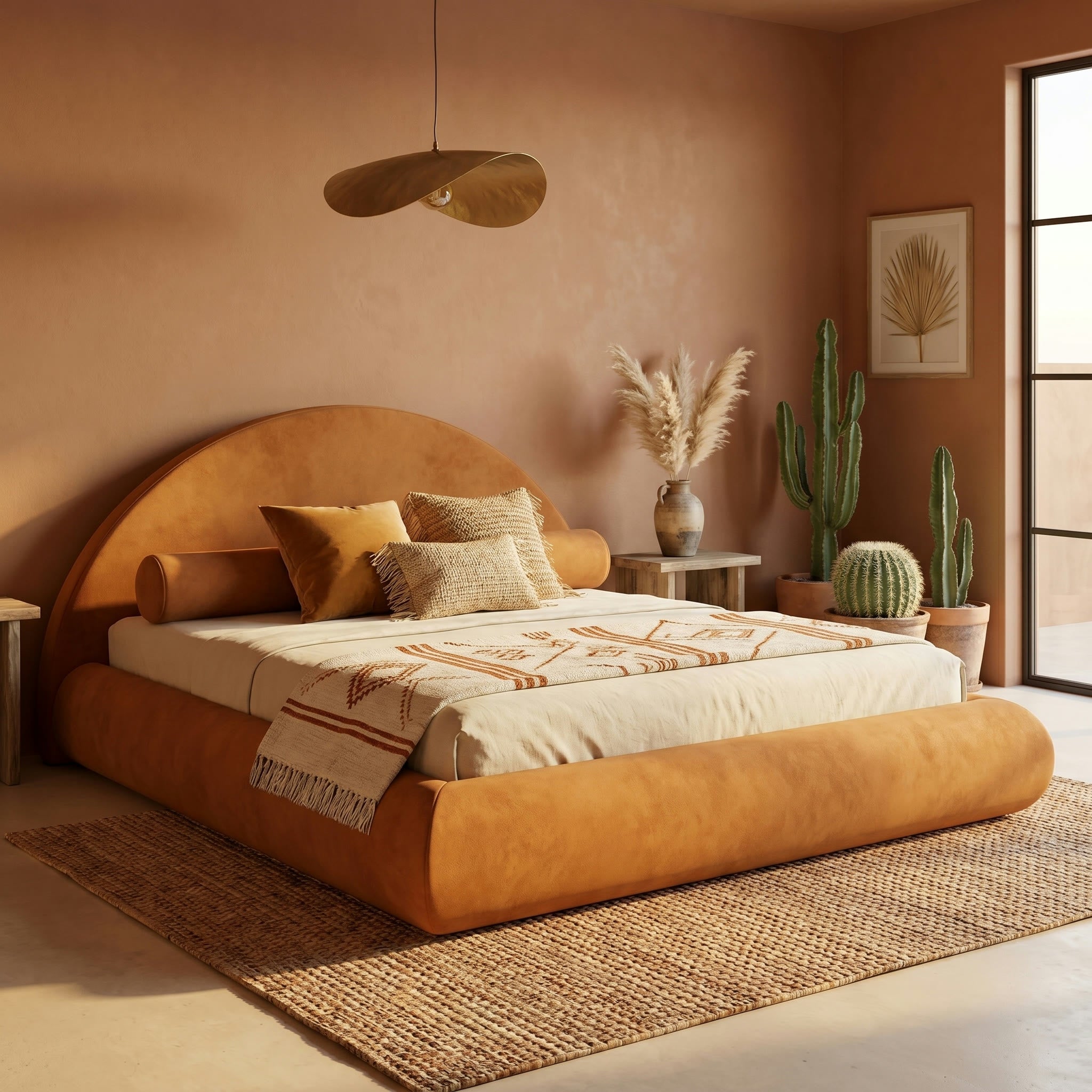 Lit Soltan en suédine camel dans une chambre au mur terracotta, inspiration désert américain