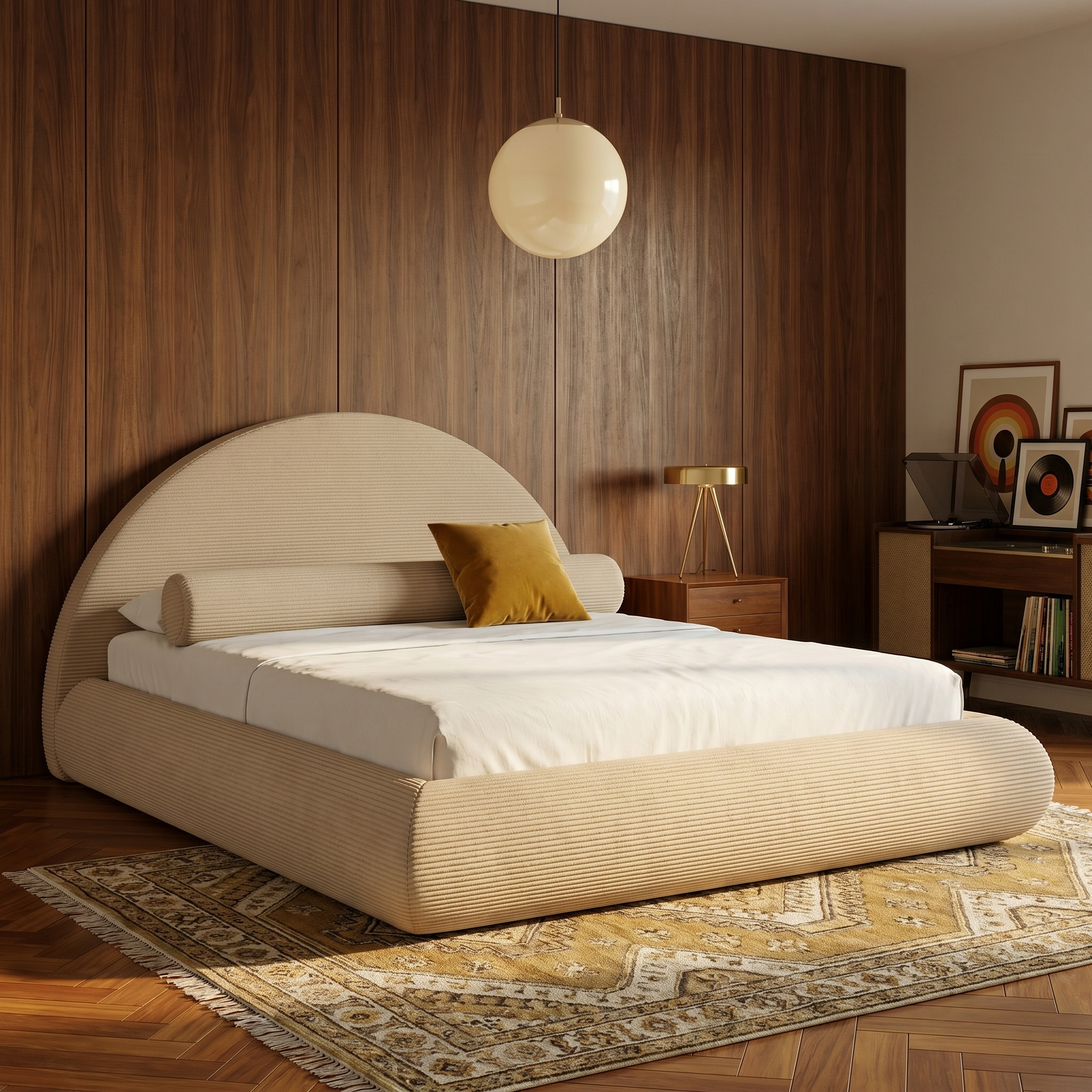 Mochi Cocoon King Corduroy Beige in Mid-Century Modern Vintage bedroom