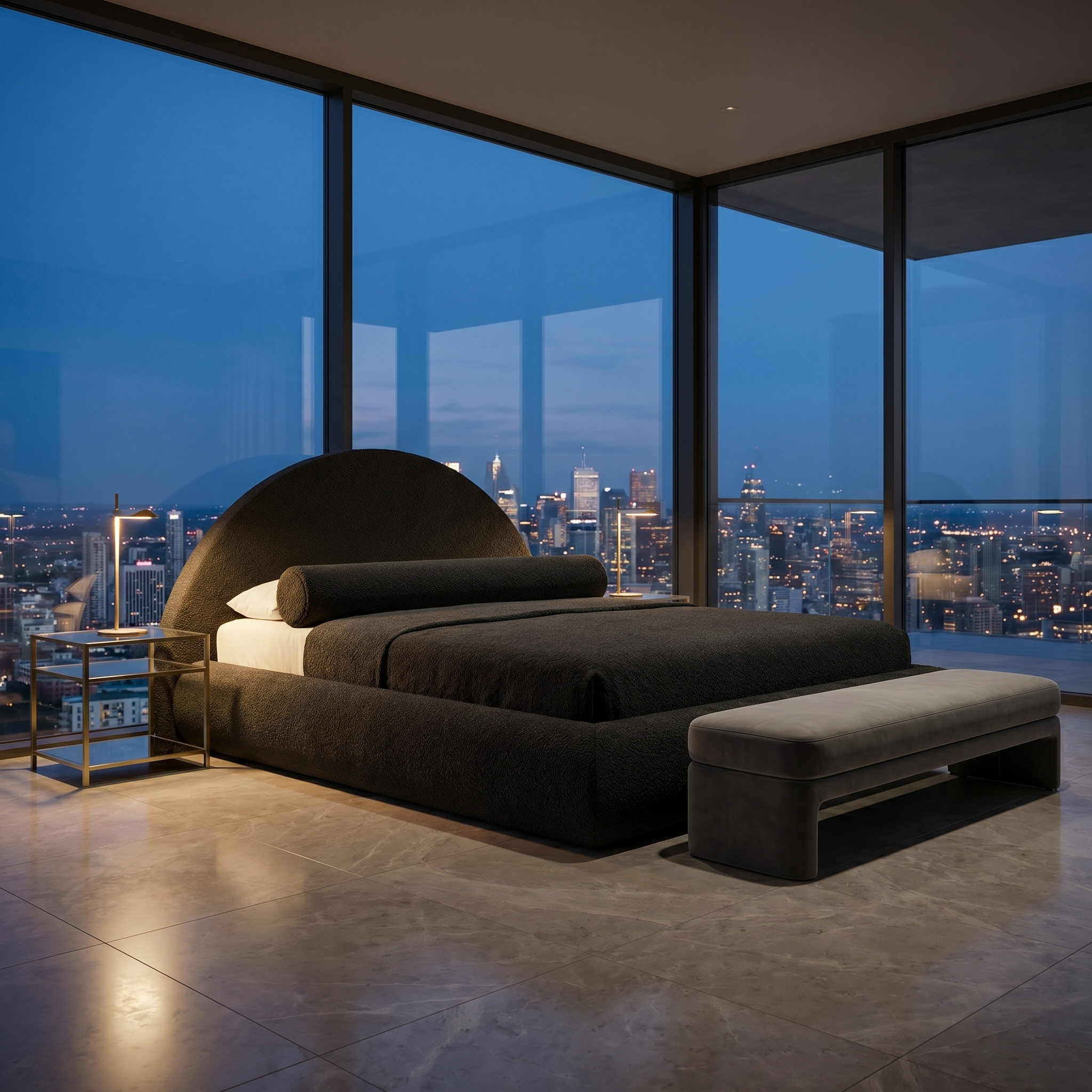 Mochi Cocoon King Charcoal Bouclé in Modern Penthouse at night — alternate angle