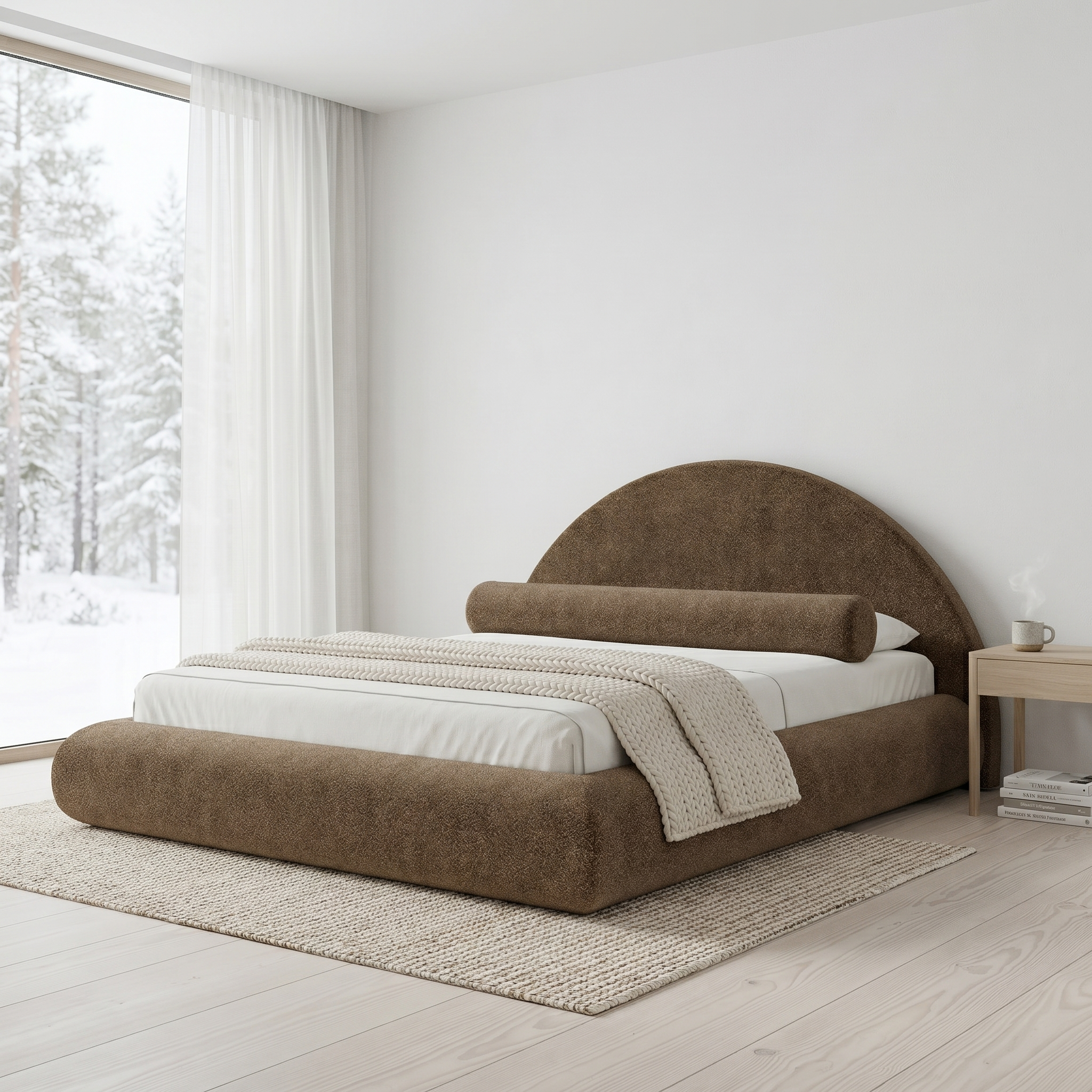 Mochi Cocoon King Brown Bouclé in Scandinavian Winter Cabin with snow