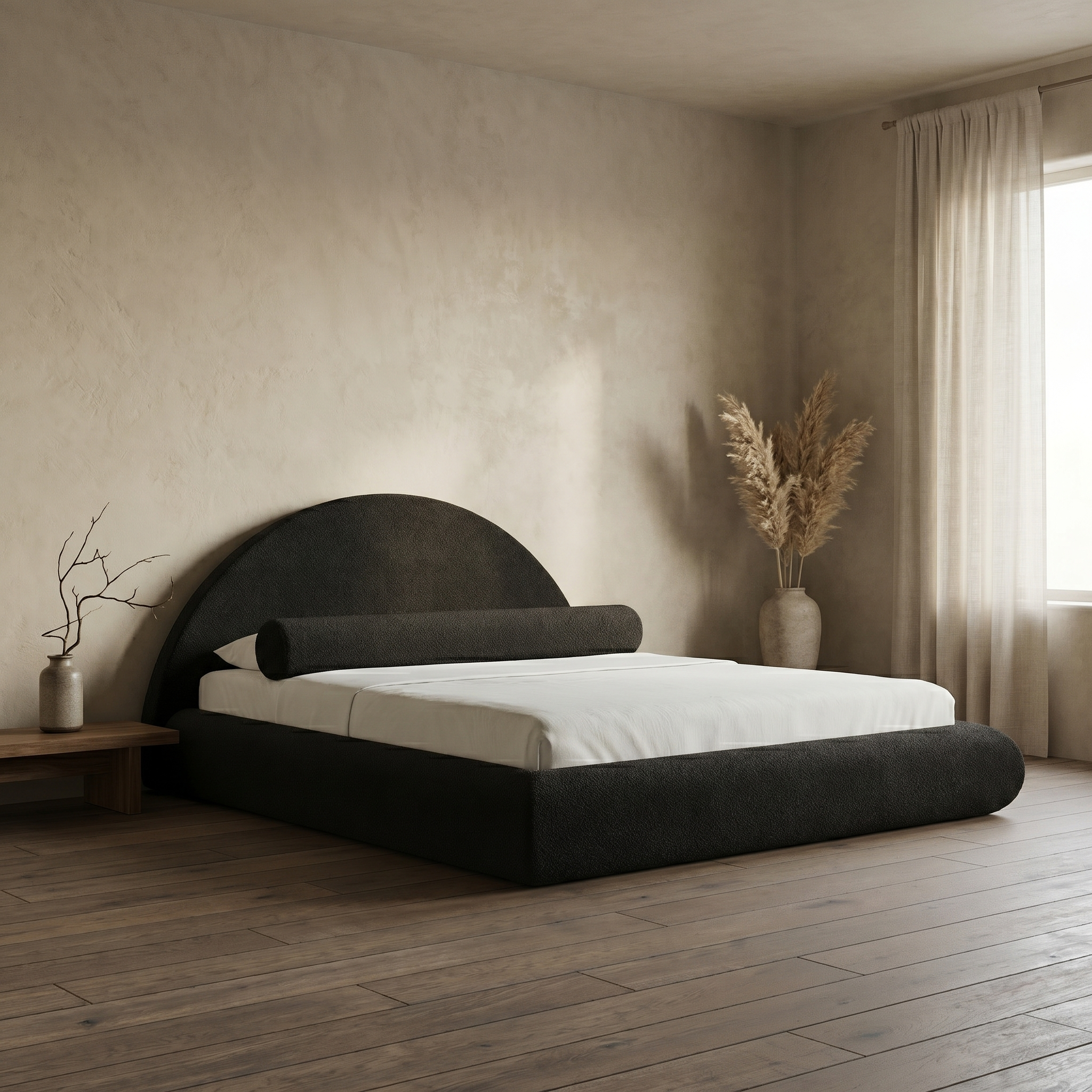 Mochi Cocoon King Charcoal Bouclé in Wabi-Sabi minimalist bedroom — alternate angle