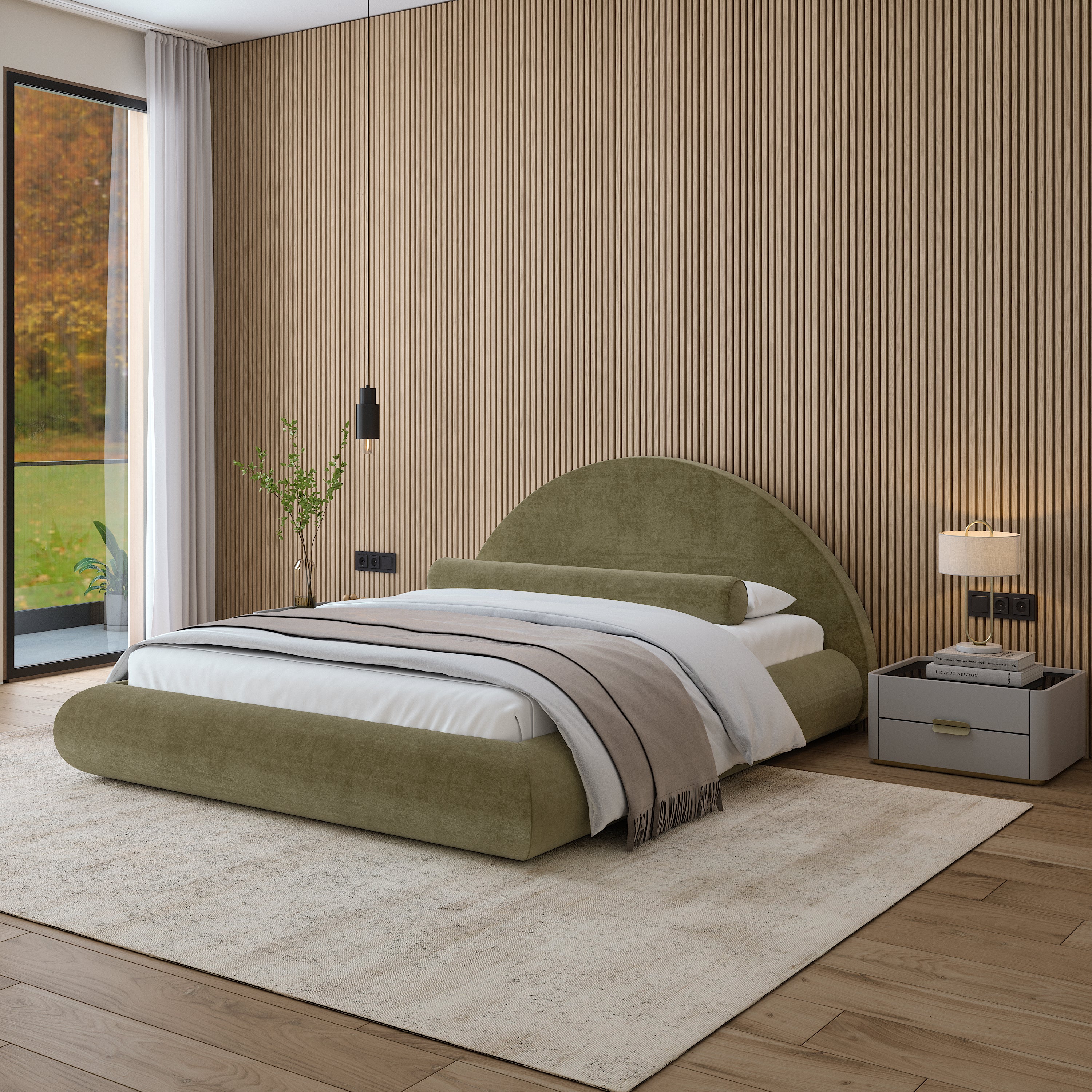 Olivra Mochi Bed – Lit Design Rond en Velours Olive
