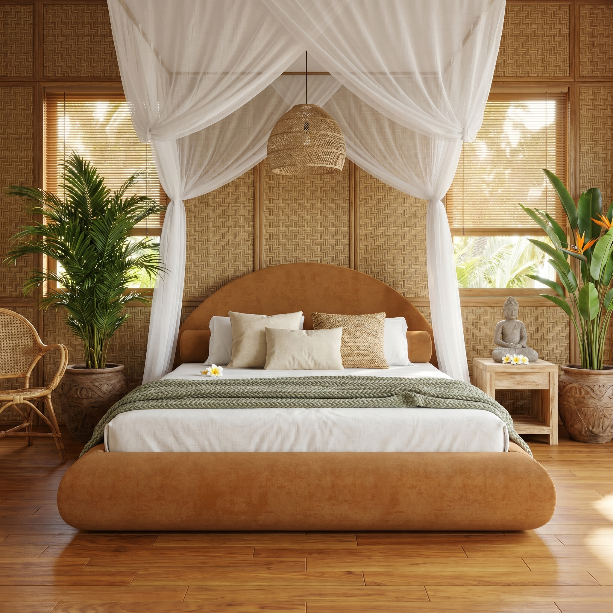 Mochi Cocoon King Suede Camel in Bohemian Bali Tropical — face view