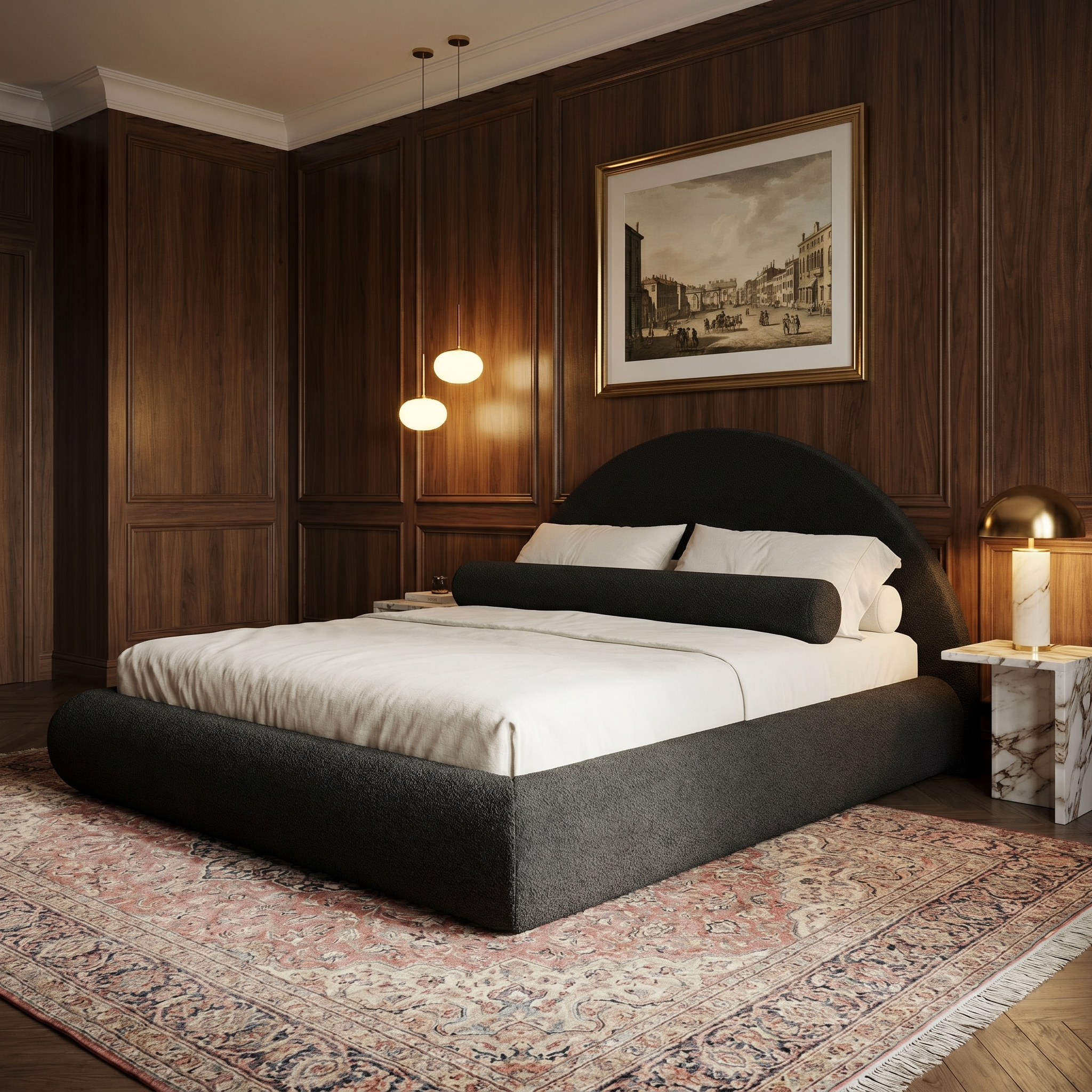 Mochi Cocoon King Charcoal Bouclé in Hotel Boutique luxe suite — alternate angle