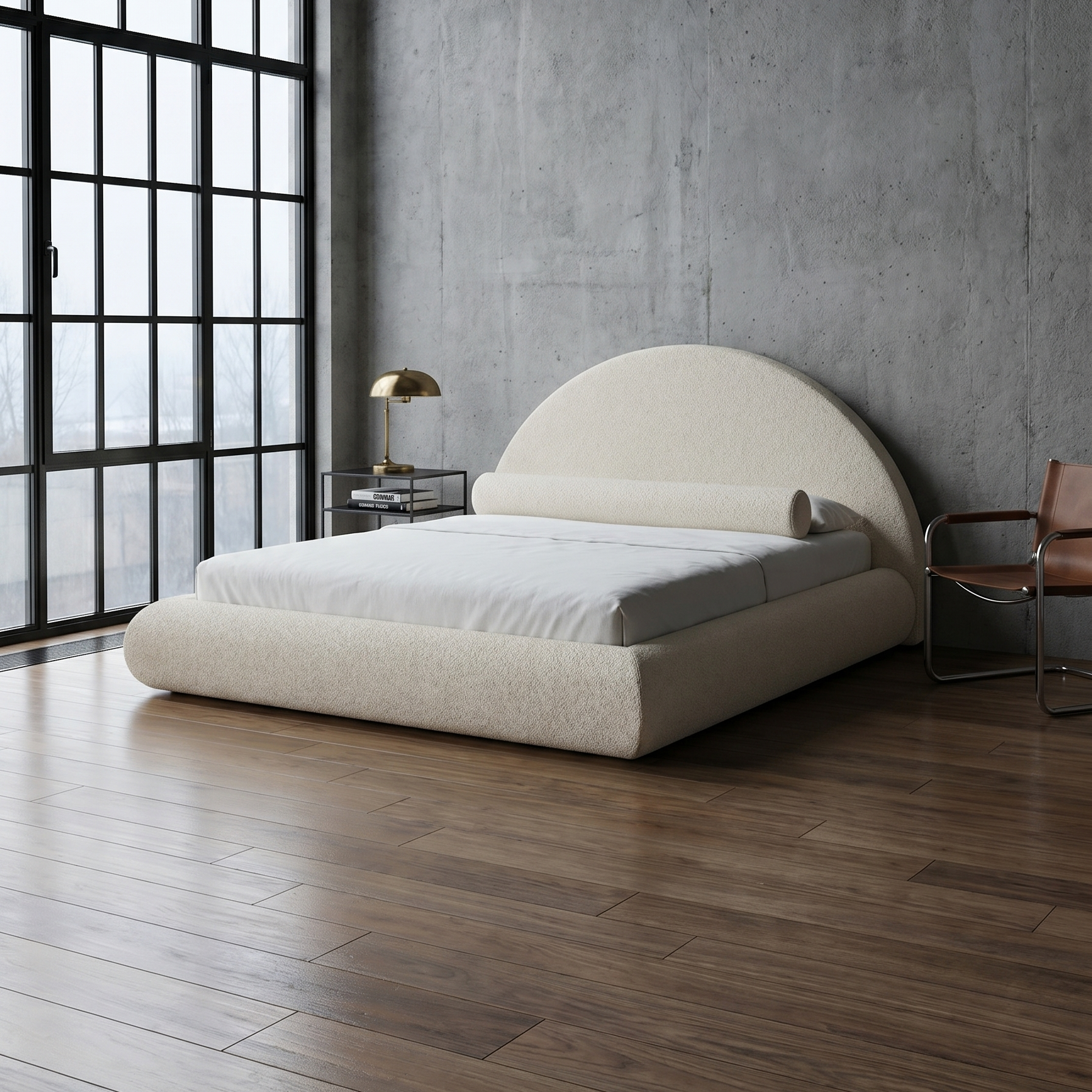 Mochi Cocoon King Cream Bouclé in Industrial Chic loft bedroom