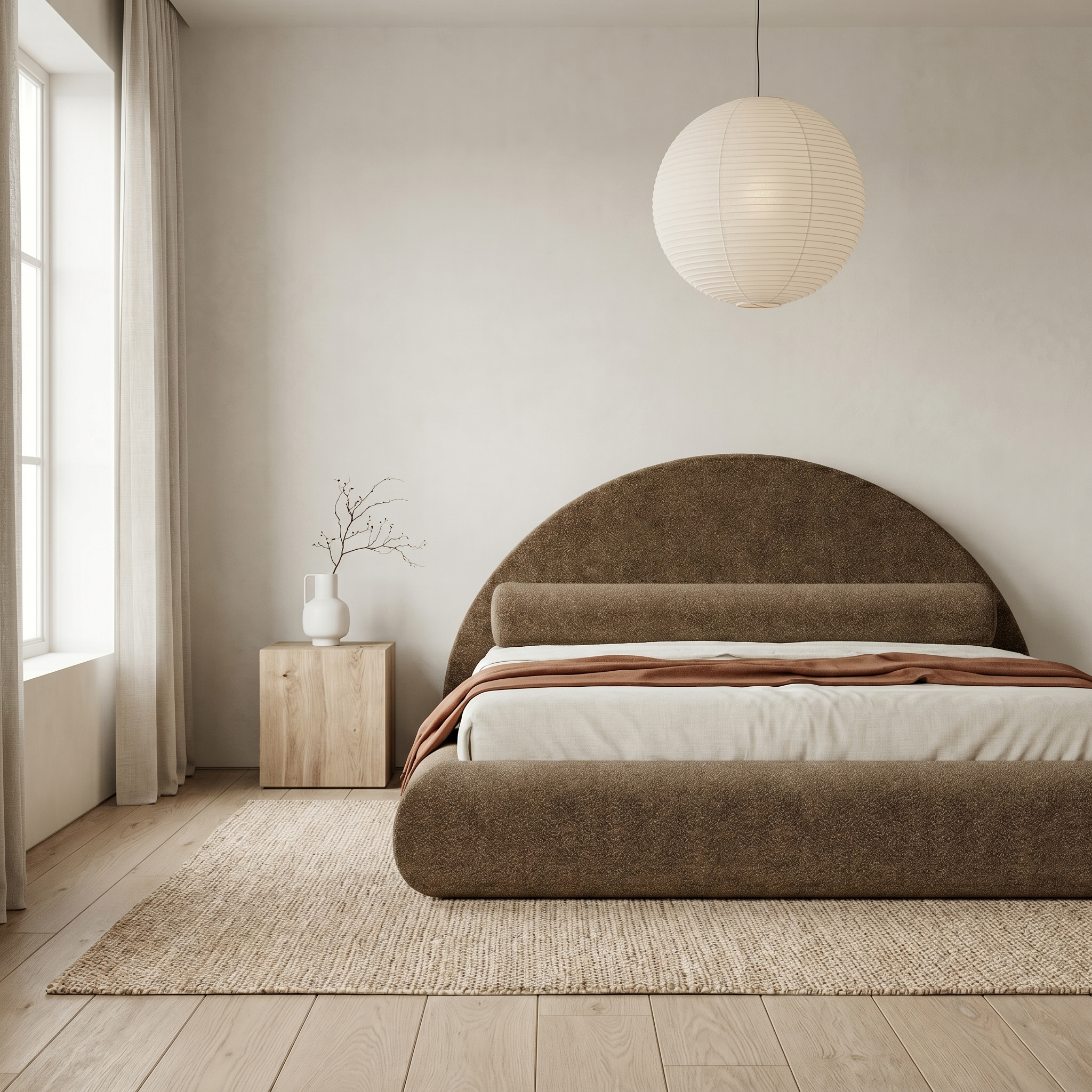 Mochi Cocoon King Brown Bouclé in Japandi minimalist bedroom — face view