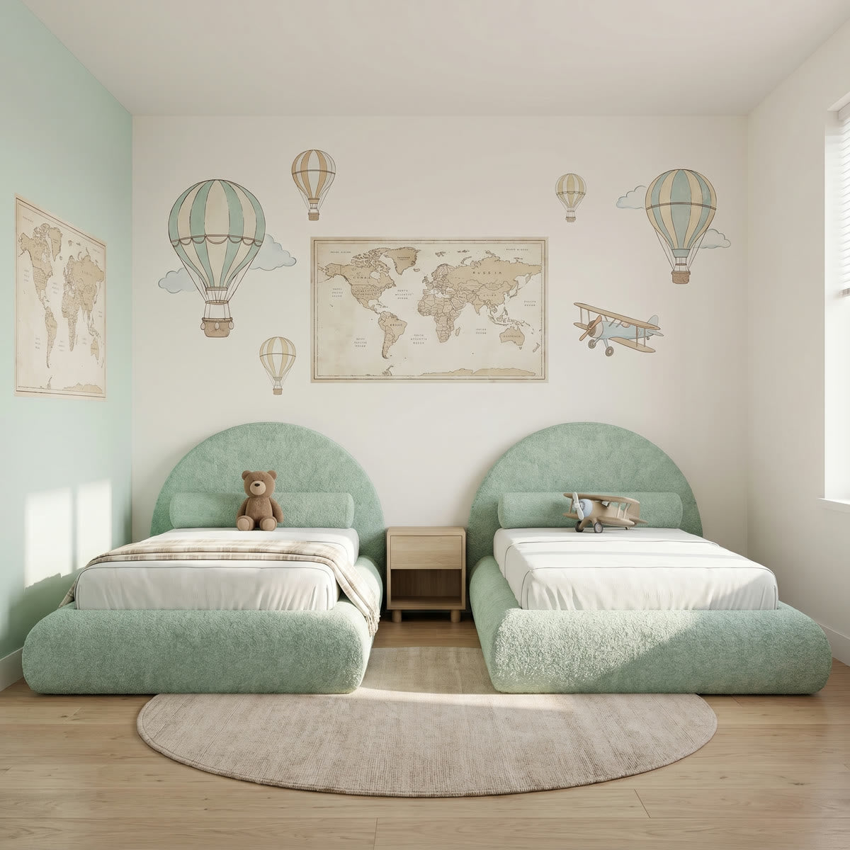 Deux lits enfants Minty en boucle vert menthe dans une chambre sur le theme du voyage