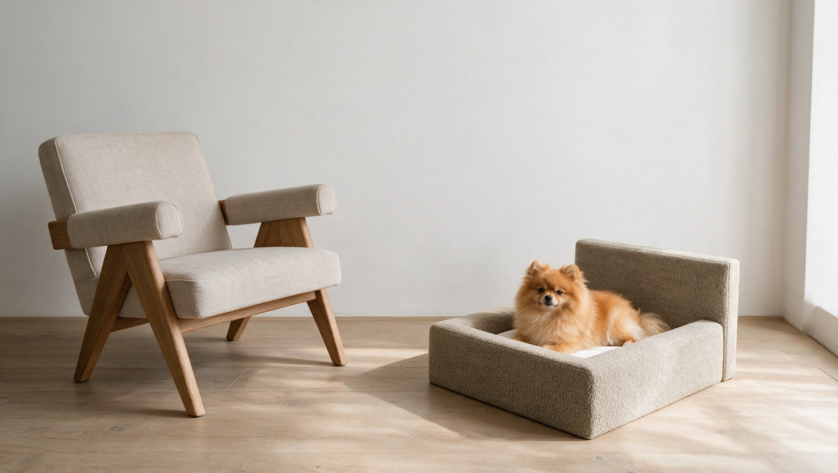 Panier nuage pour chien en laine bouclee avec un petit chien installe dedans