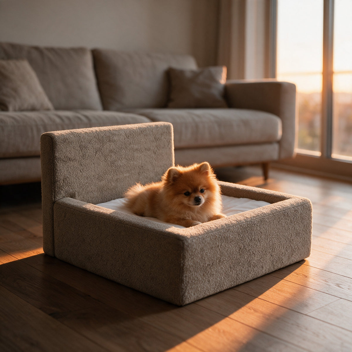 Panier nuage pour chien en laine bouclee taupe, petit chien installe dedans au coucher du soleil