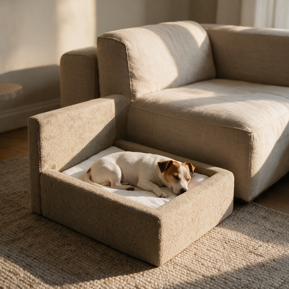 Cloud bed pour chien pose pres du canape, Jack Russell endormi dedans