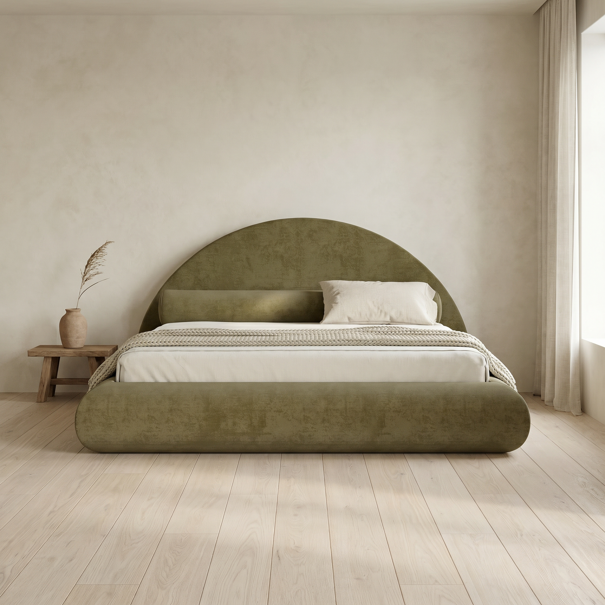 Mochi Cocoon King Suede Khaki in Organic Minimalist bedroom — face view