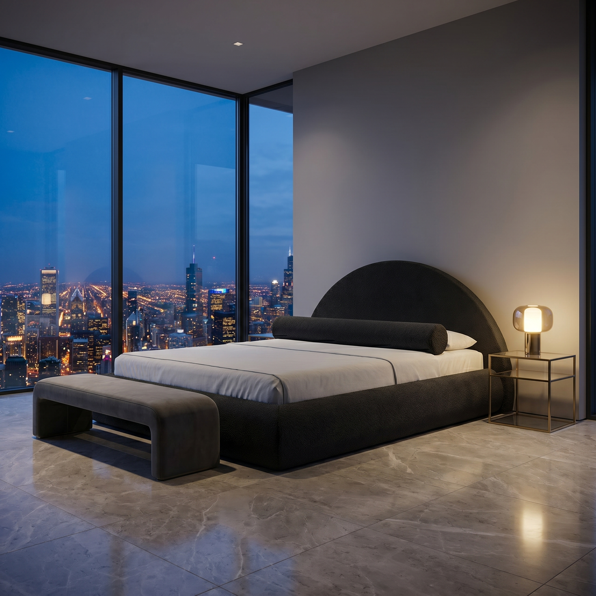 Mochi Cocoon King Charcoal Bouclé in Modern Penthouse at night