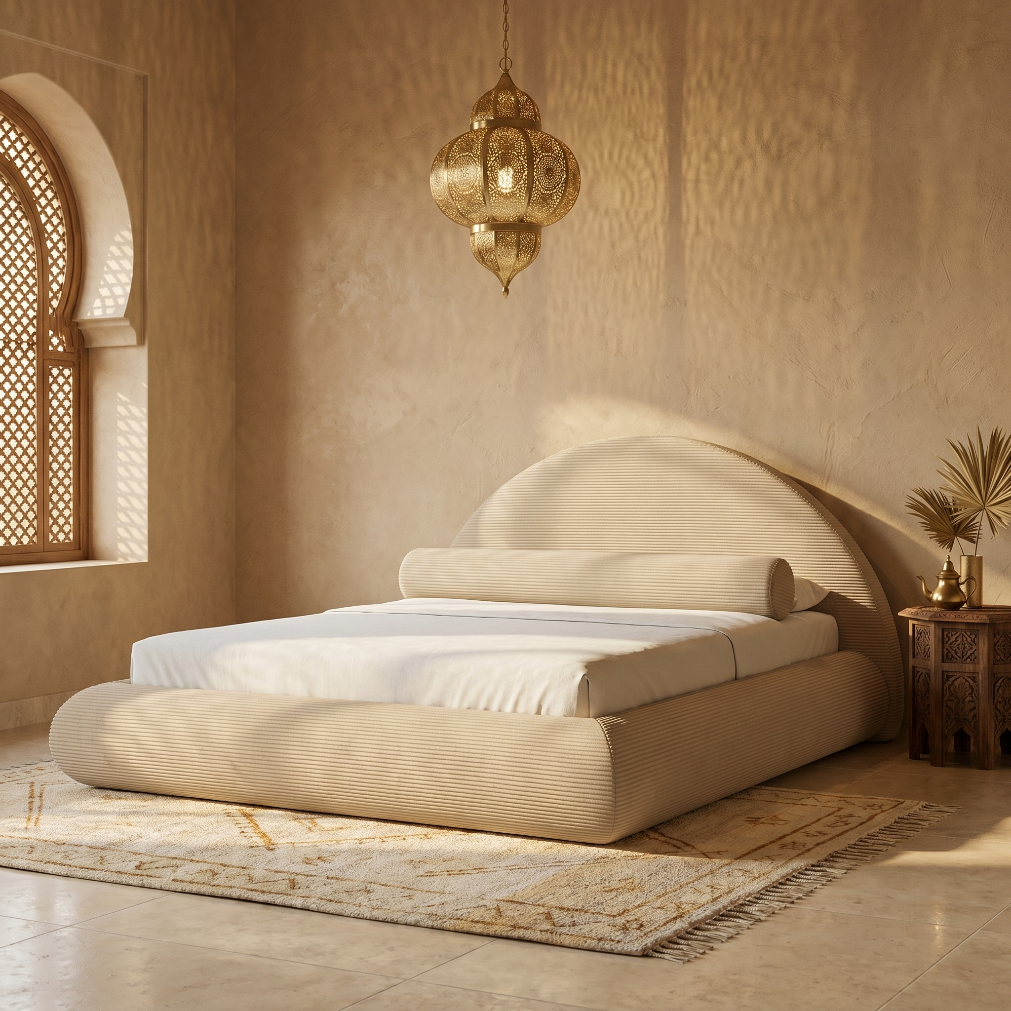 Mochi Cocoon King Corduroy Beige in Modern Moroccan Riad bedroom
