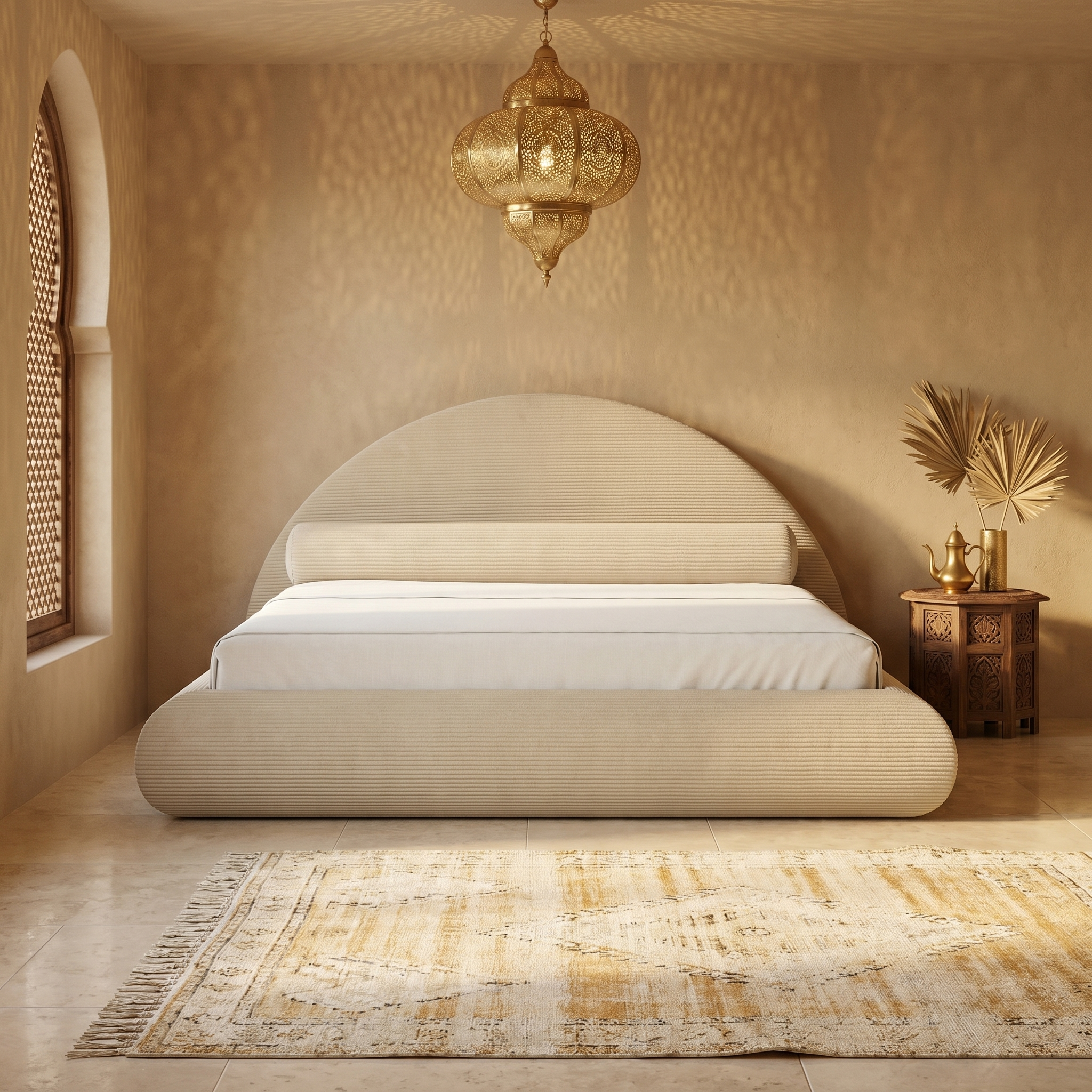 Mochi Cocoon King Corduroy Beige in Modern Moroccan Riad — face view