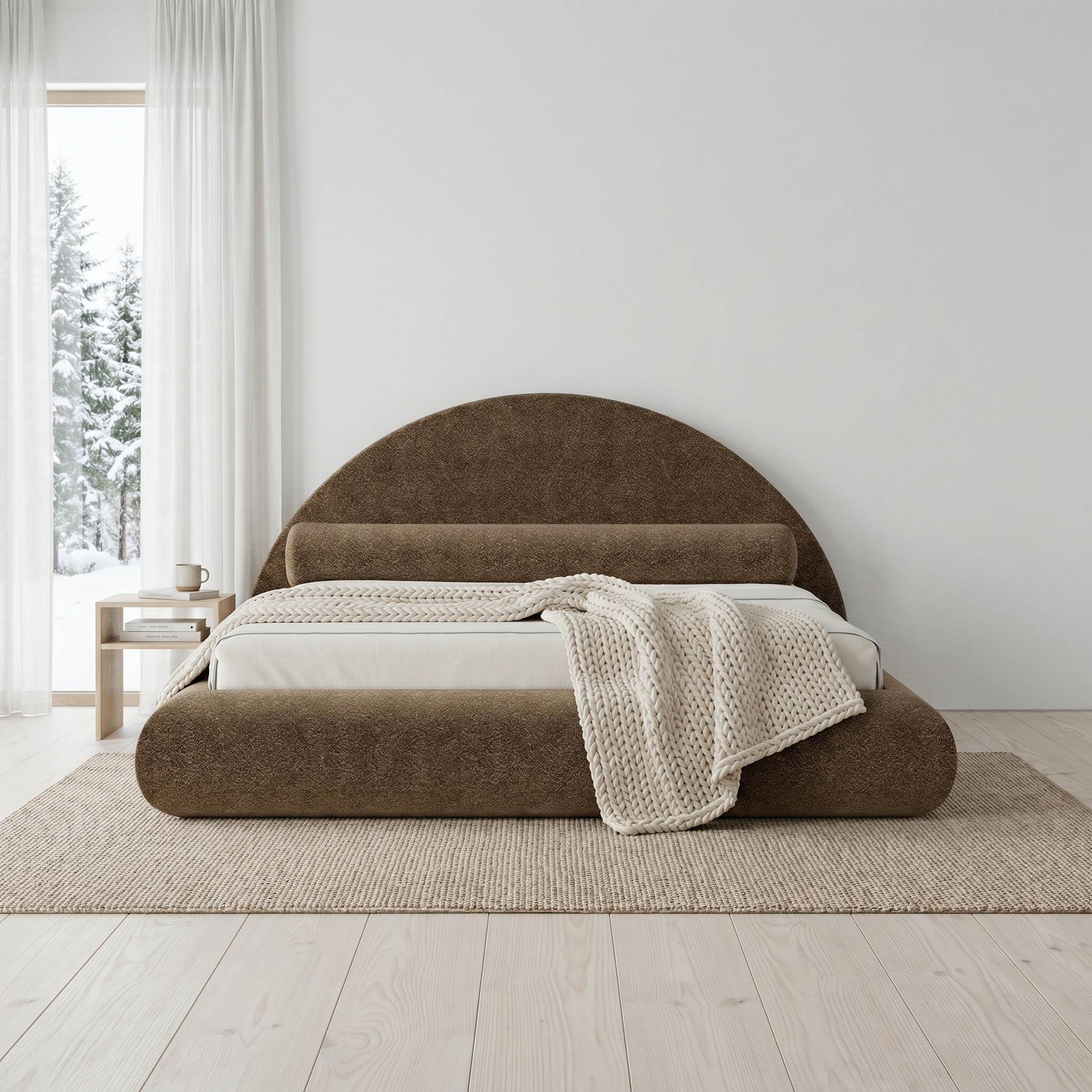 Mochi Cocoon King Brown Bouclé in Scandinavian Winter Cabin — face view