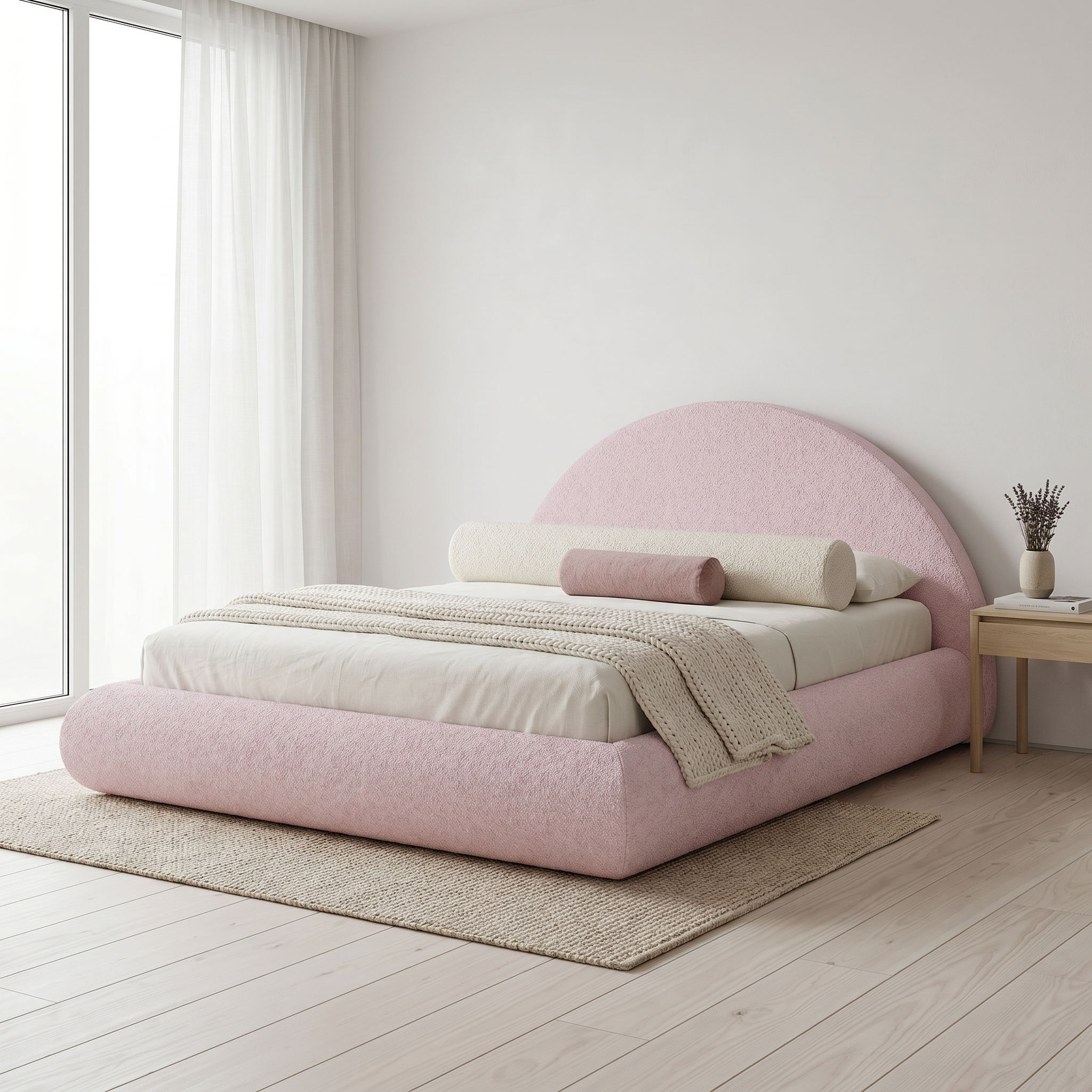 Mochi Cocoon King Powder Pink Bouclé in Scandinavian soft bedroom