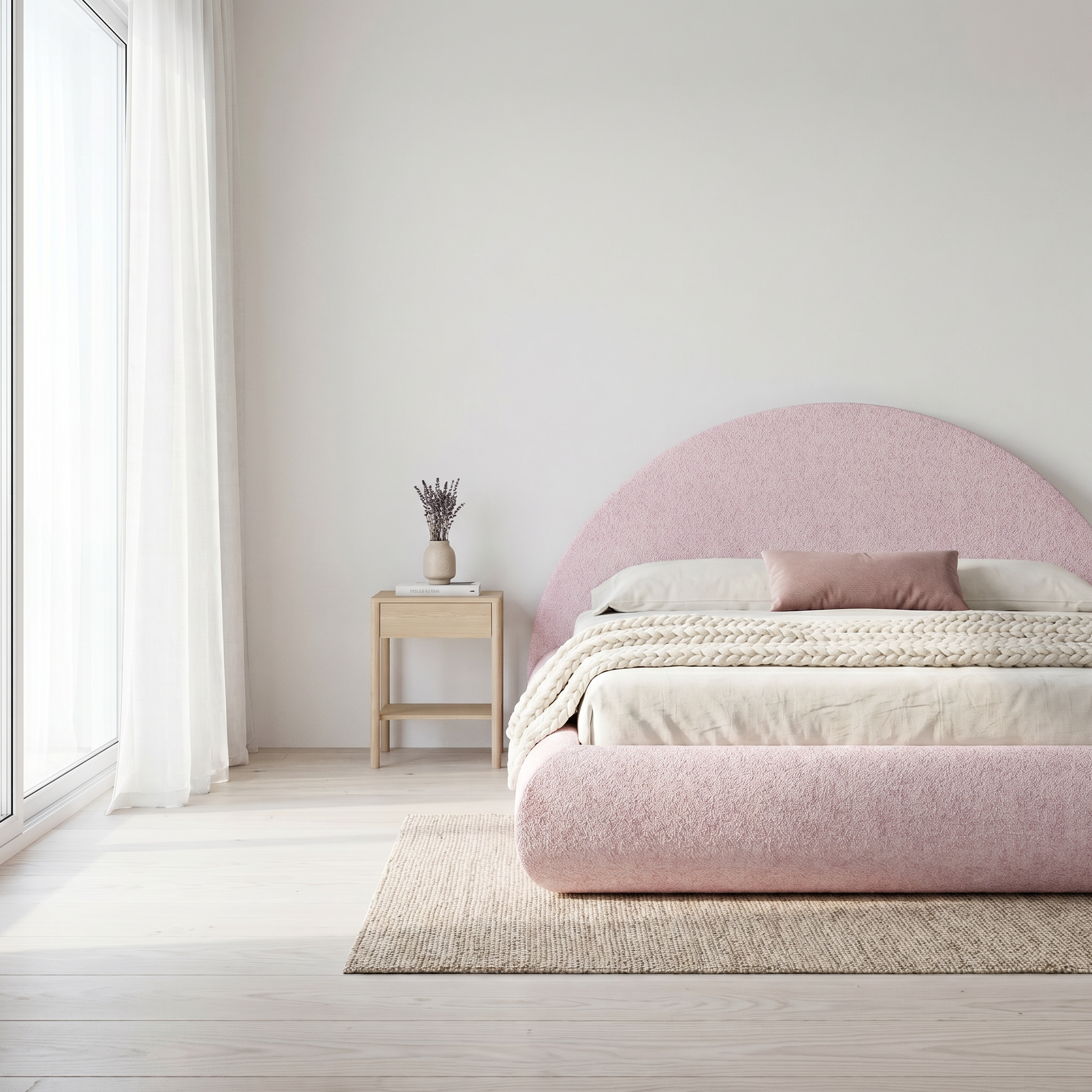Mochi Cocoon King Powder Pink Bouclé in Scandinavian soft bedroom — alternate angle