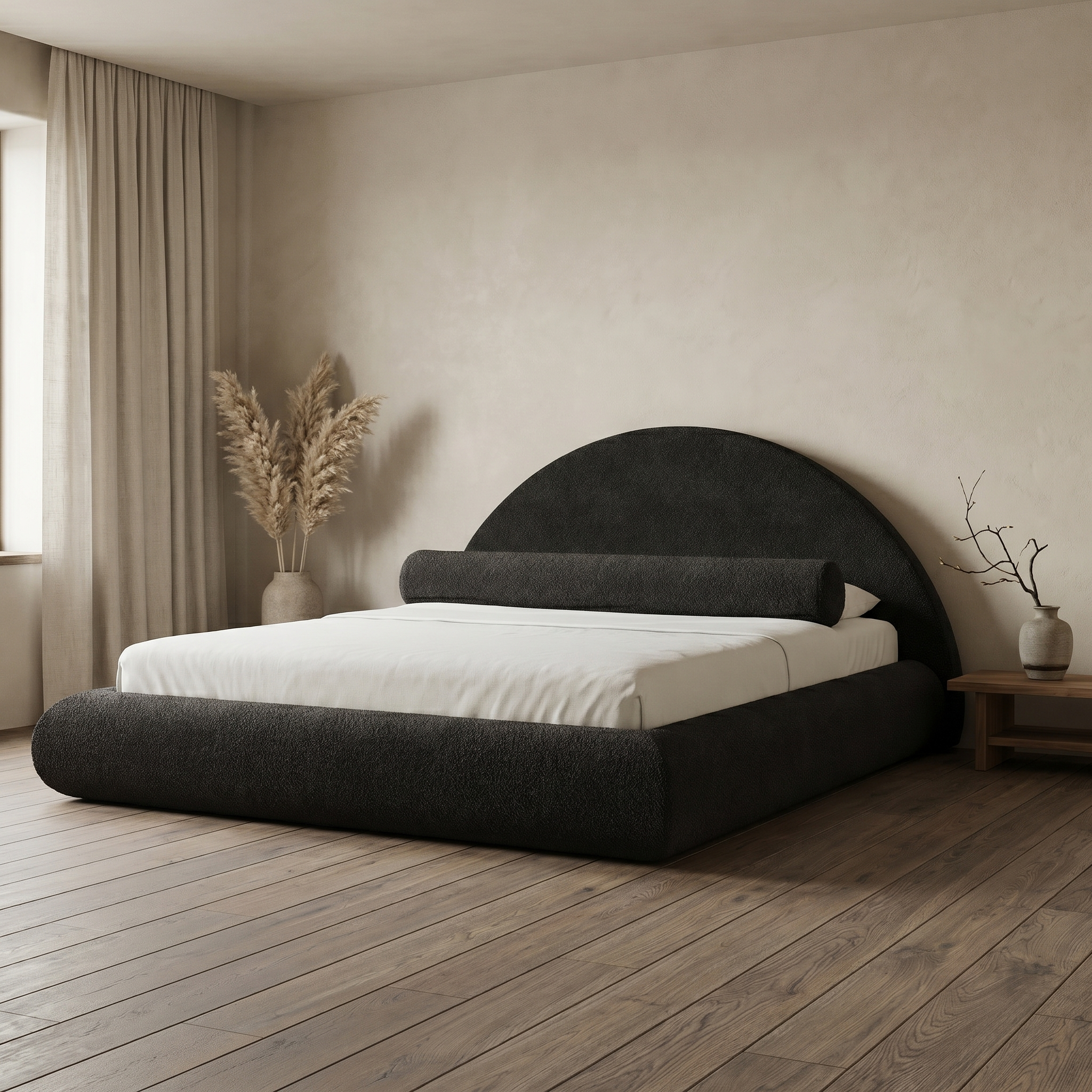 Mochi Cocoon King Charcoal Bouclé in Wabi-Sabi minimalist bedroom